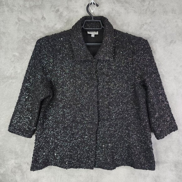 Womens JM Collection Textured Black Sequin Jacket Button Down 3/4 Sleeve XL - Picture 2 of 11